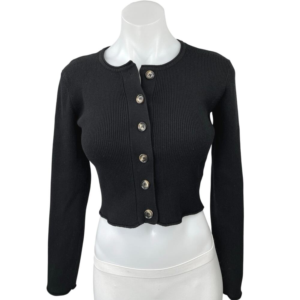 MOD REF Black Ribbed Knit Button Down Cropped Cardigan Sweater Top Size S